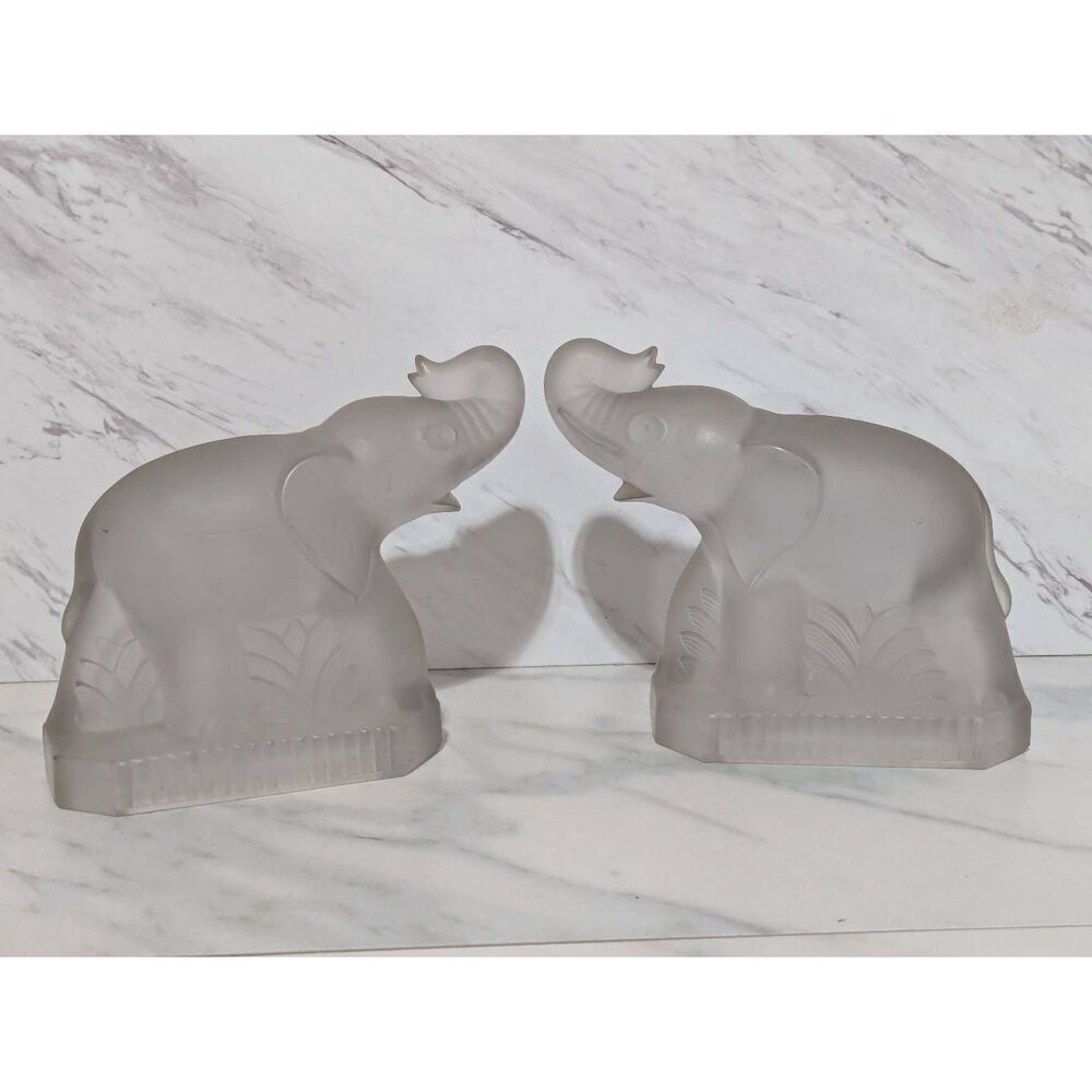 Fostoria Glass Vintage Rare Pair Silver Mist Elephant Heavy Weight Bookends
